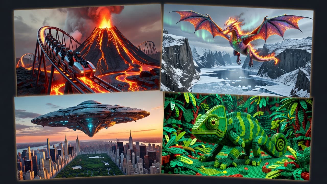 Four cinematic AI video stills including a volcano coaster, dragon, spaceship, and lego chameleon