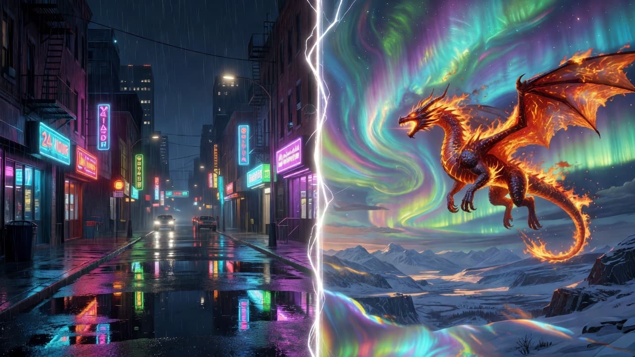 Split scene of rainy neon streets and a fire dragon over northern lights
